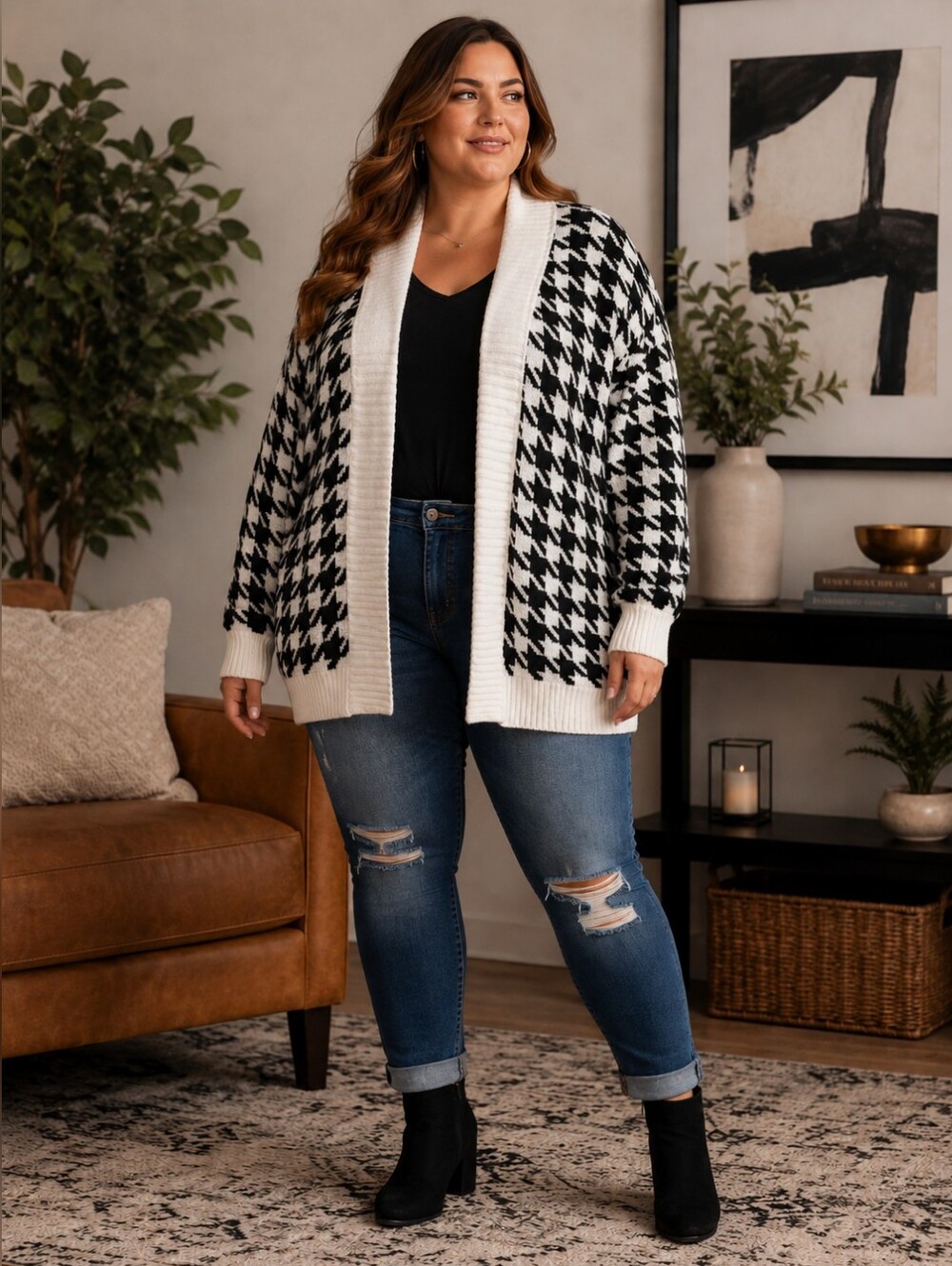 TORRID Black White Houndstooth Shawl Open Front Cardigan Sweater Cozy